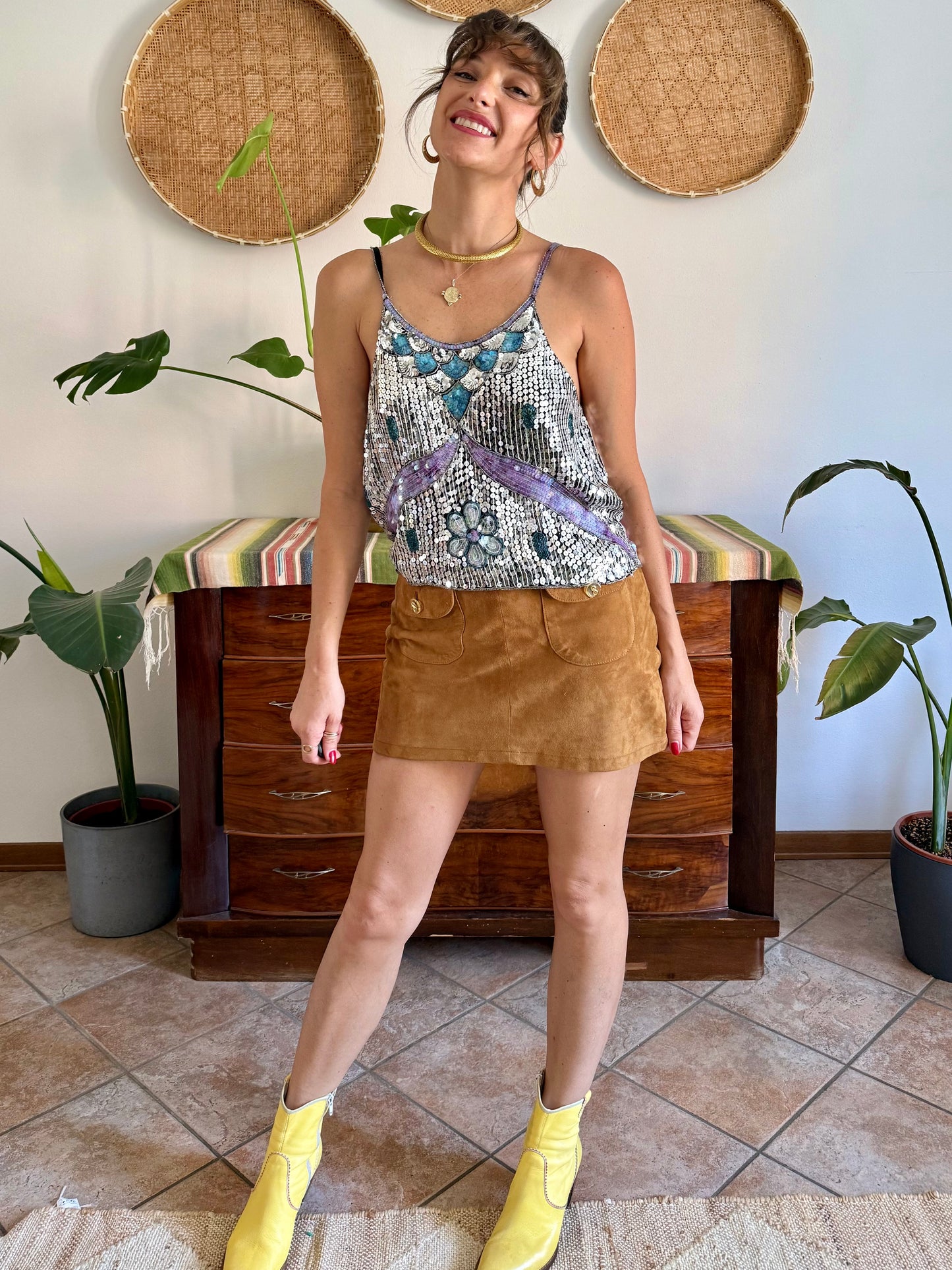 1990's vintage silve, blue and lilac sequin and glass bead silk floral top