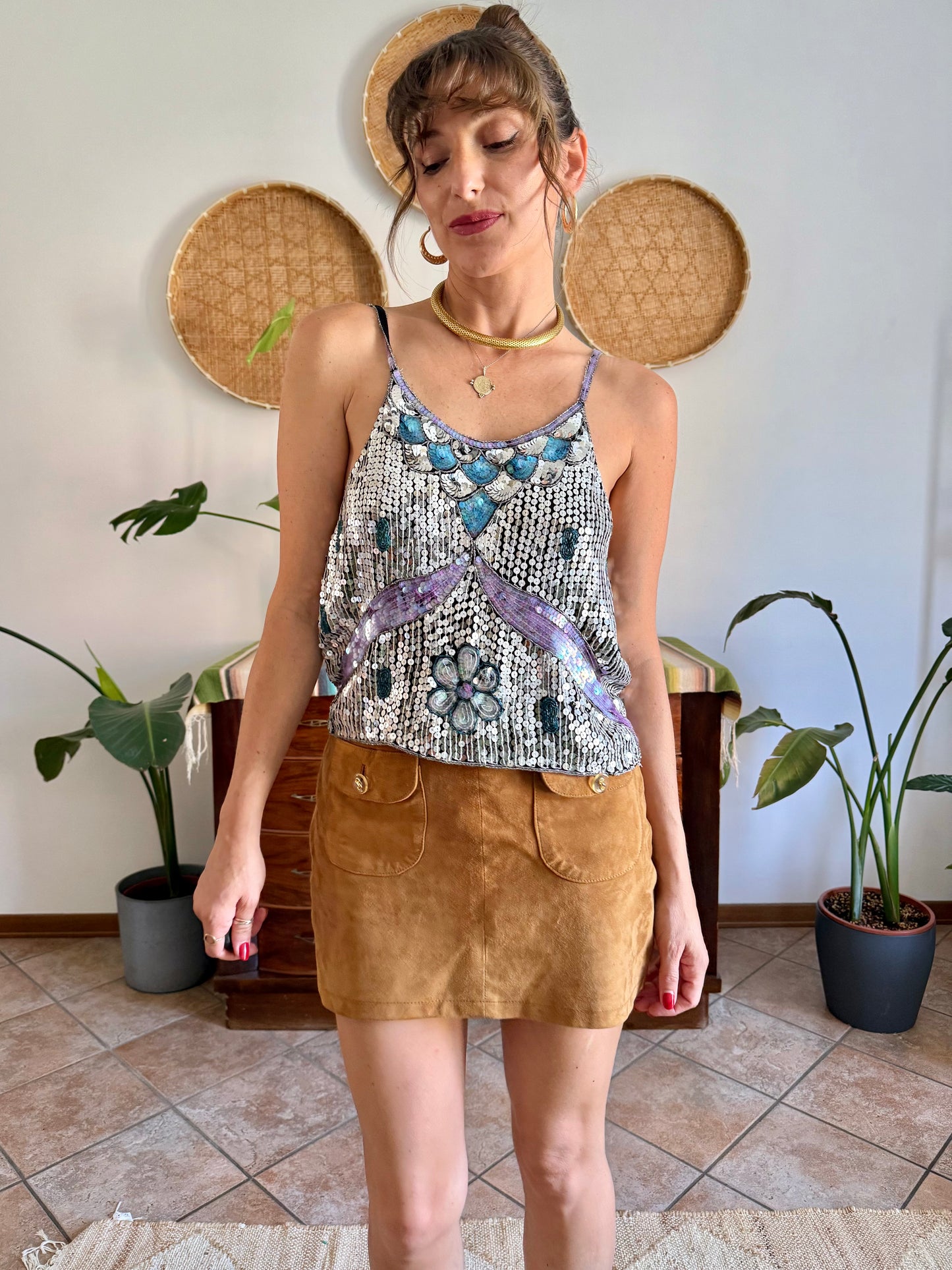 1990's vintage silve, blue and lilac sequin and glass bead silk floral top