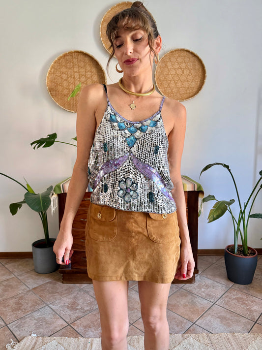 1990's vintage silve, blue and lilac sequin and glass bead silk floral top