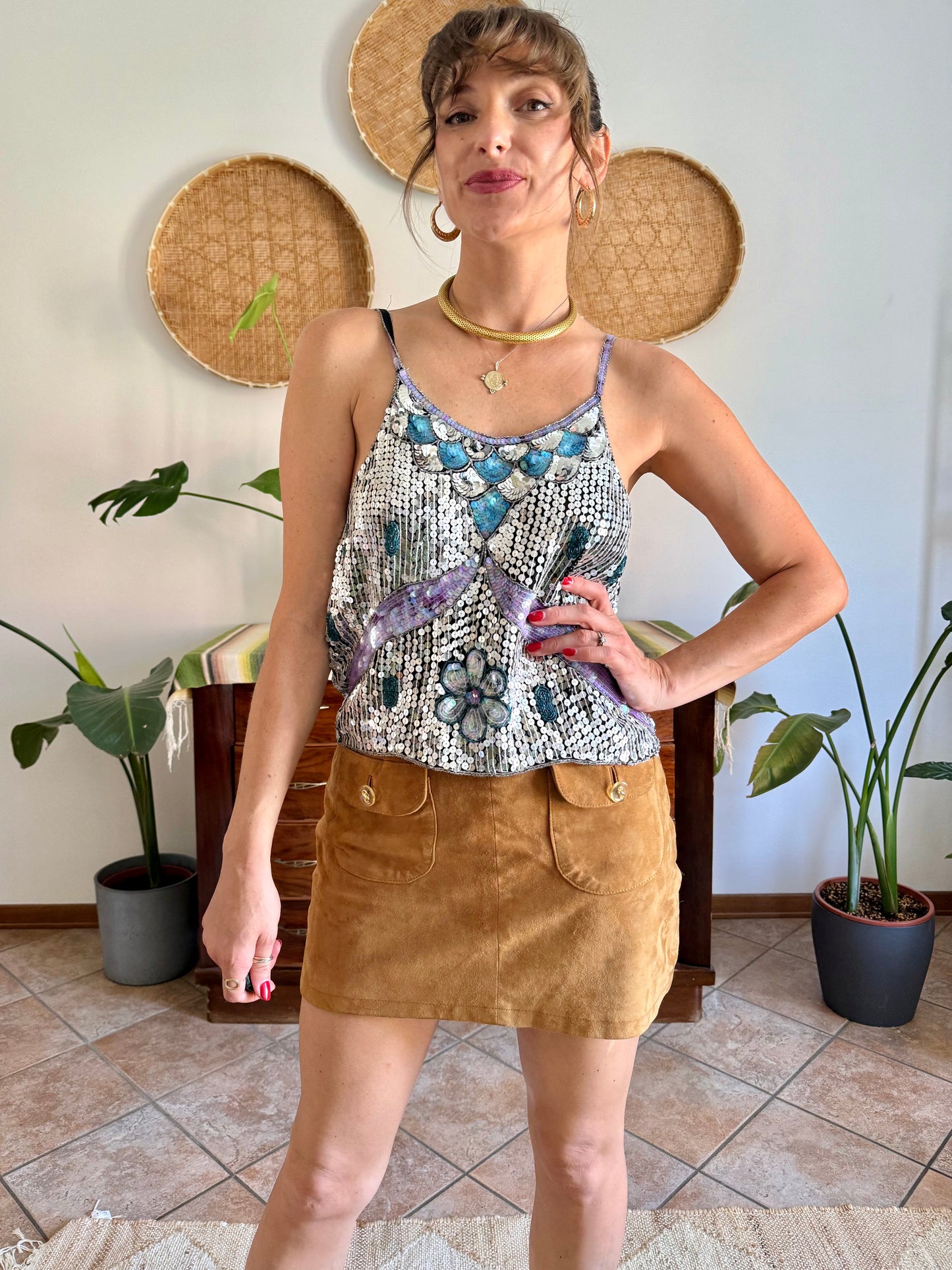 1990's vintage silve, blue and lilac sequin and glass bead silk floral top
