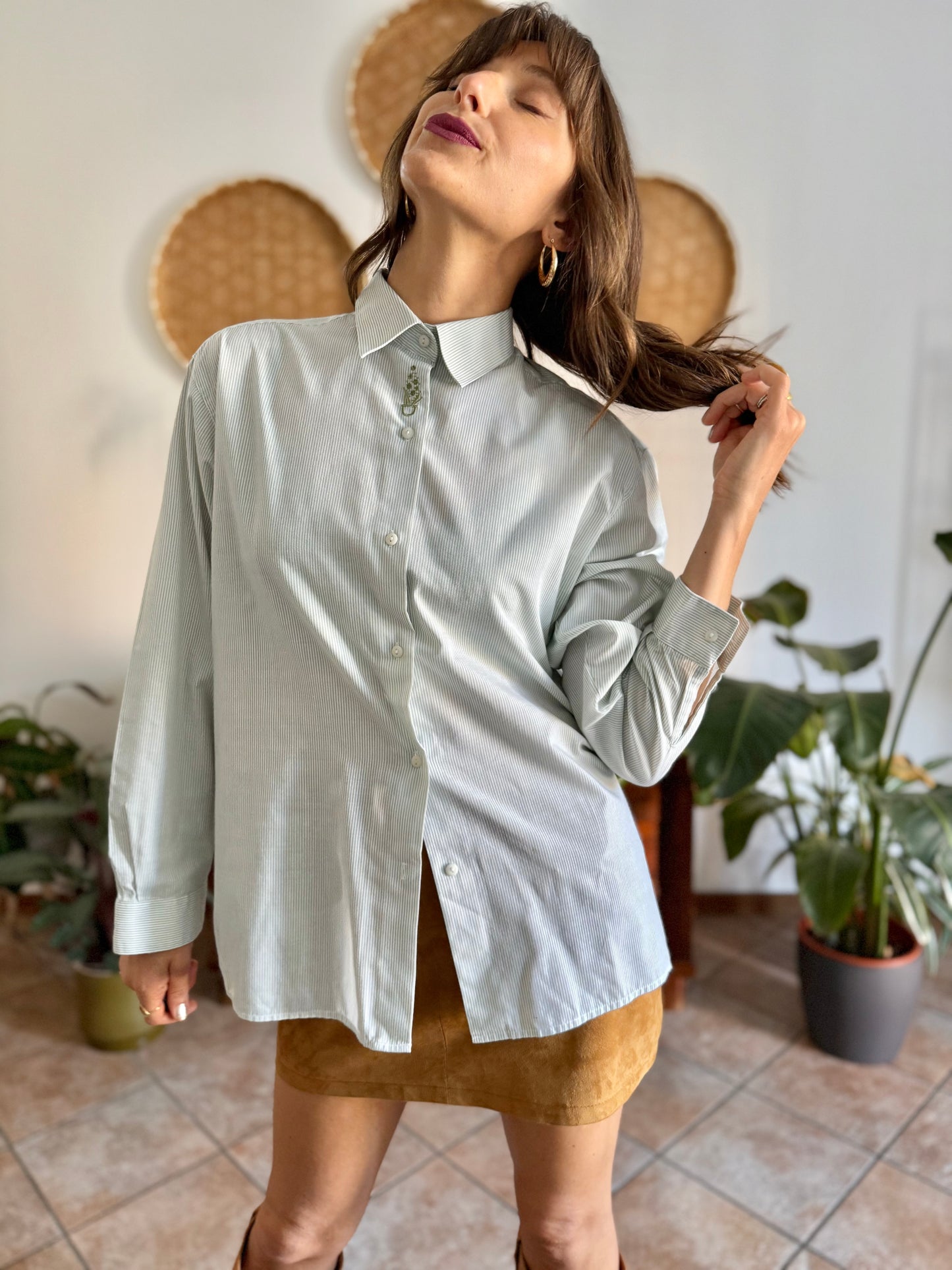1990's vintage mint green and cream stripe shirt with green floral embroidery