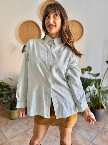 1990's vintage mint green and cream stripe shirt with green floral embroidery