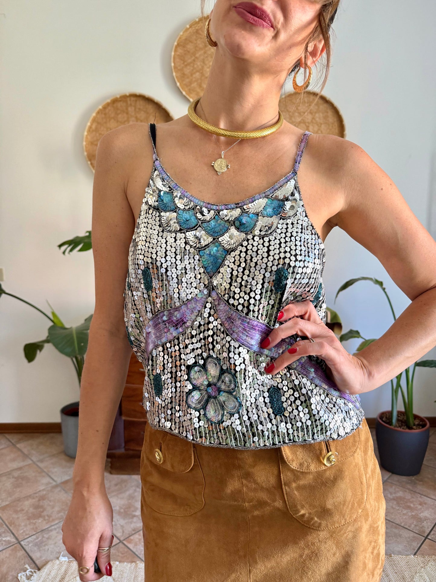 1990's vintage silve, blue and lilac sequin and glass bead silk floral top