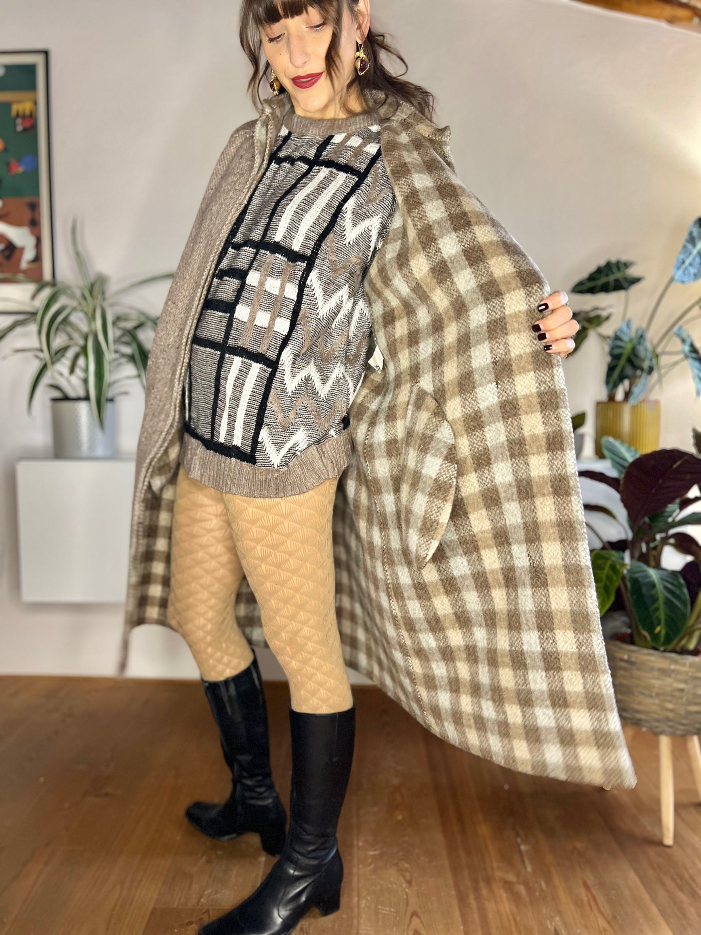 1970's vintage brown and cream tweed wool over coat