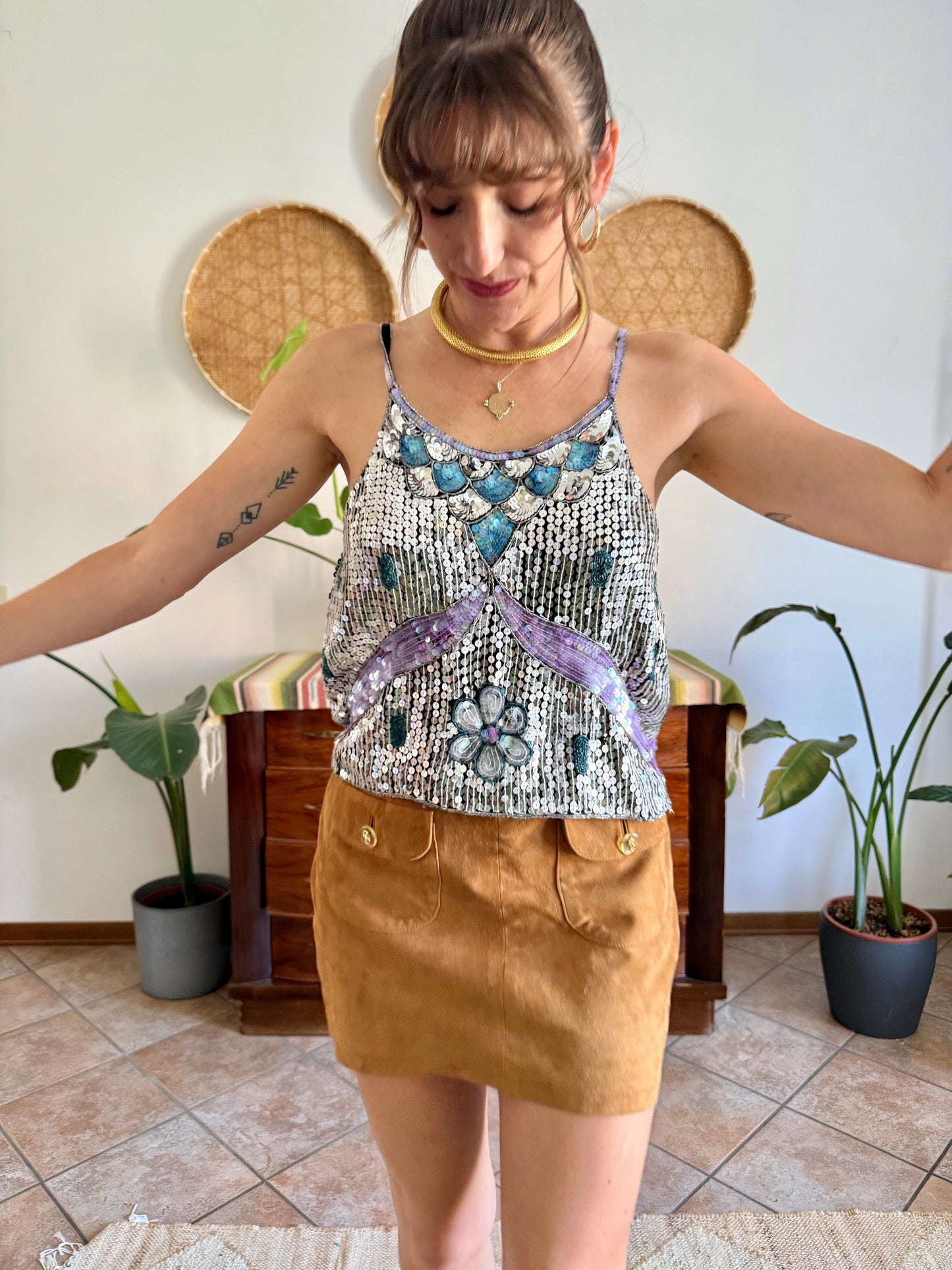 1990's vintage silve, blue and lilac sequin and glass bead silk floral top