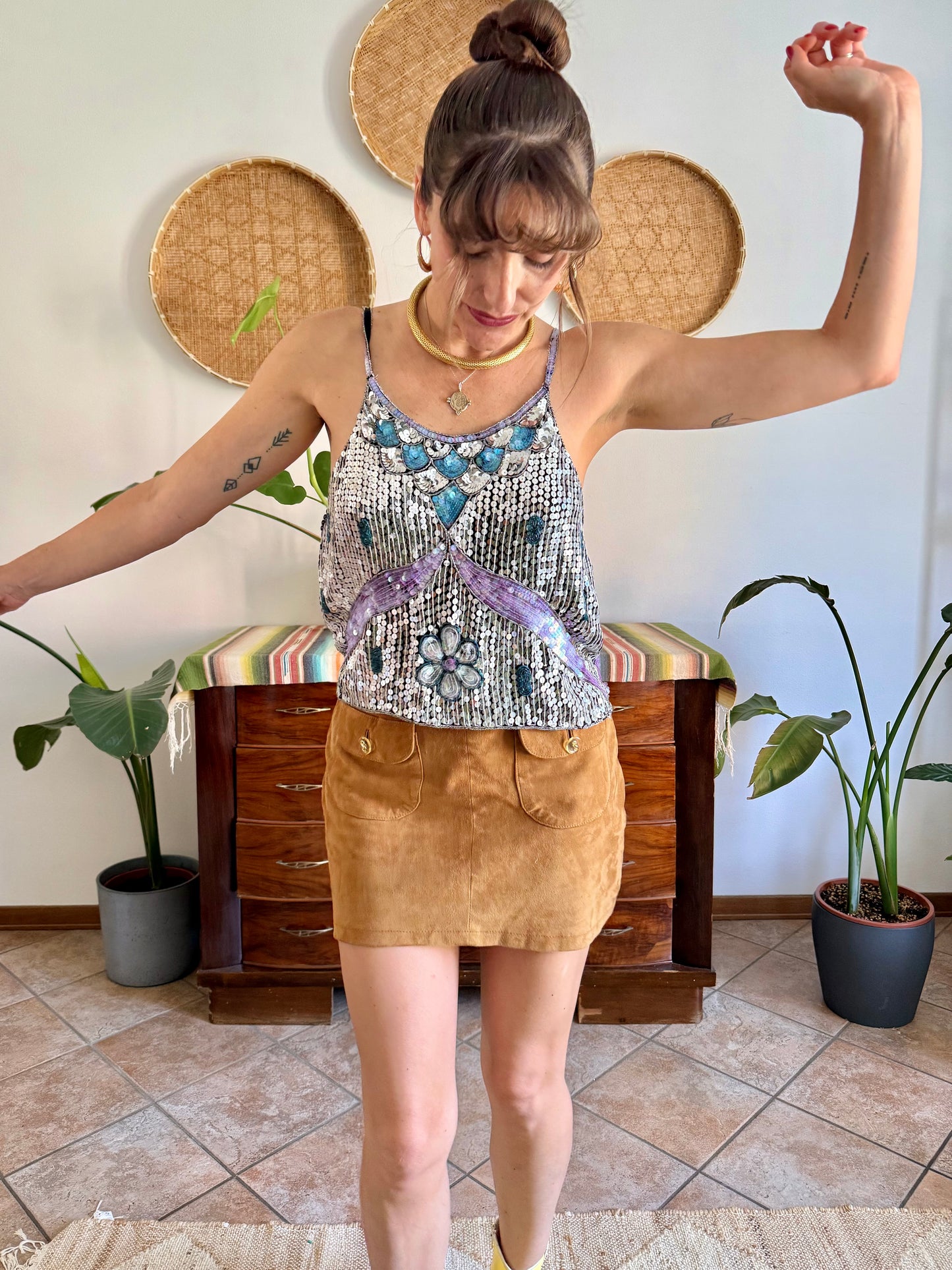 1990's vintage silve, blue and lilac sequin and glass bead silk floral top