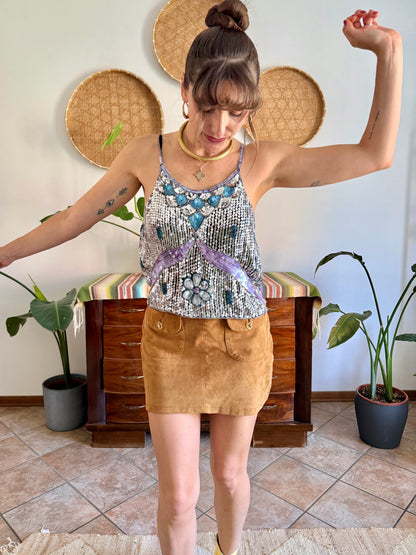 1990's vintage silve, blue and lilac sequin and glass bead silk floral top