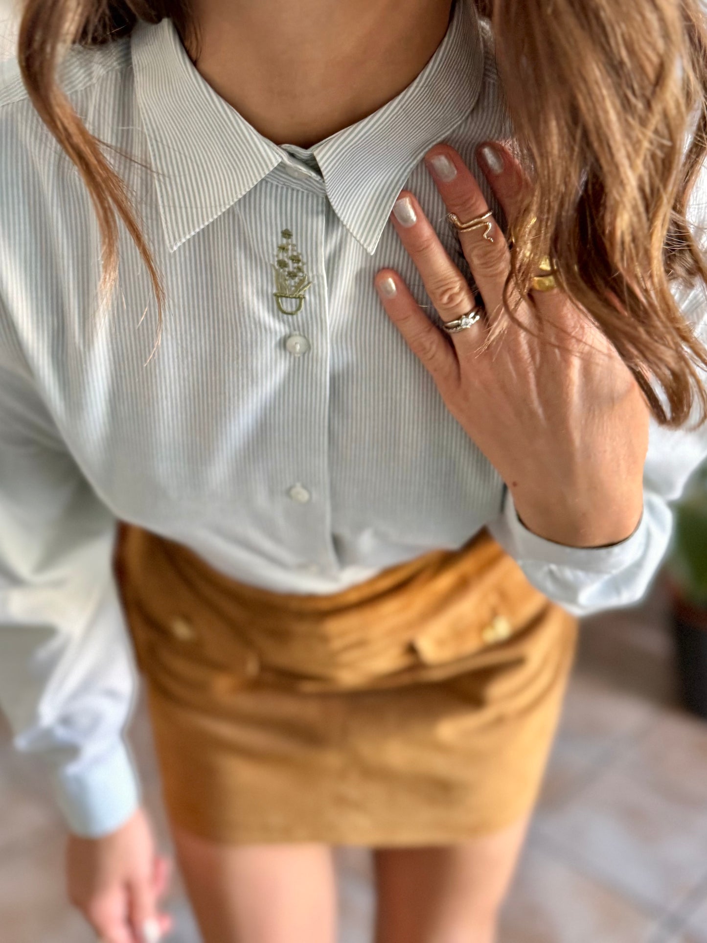 1990's vintage mint green and cream stripe shirt with green floral embroidery