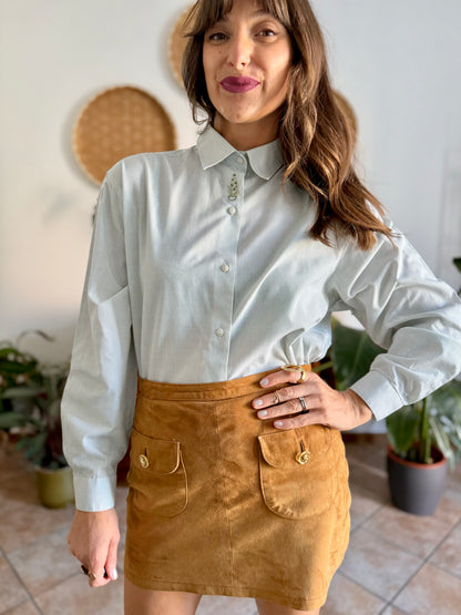 1990's vintage mint green and cream stripe shirt with green floral embroidery