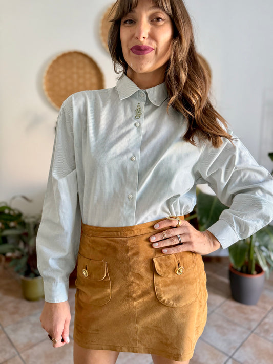 1990's vintage mint green and cream stripe shirt with green floral embroidery