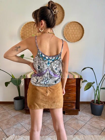1990's vintage silve, blue and lilac sequin and glass bead silk floral top