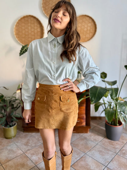1990's vintage mint green and cream stripe shirt with green floral embroidery
