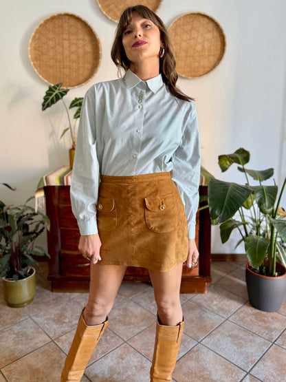 1990's vintage mint green and cream stripe shirt with green floral embroidery