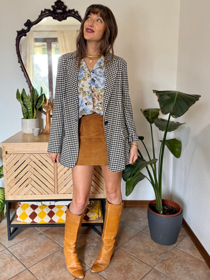 Black and white thick woven cotton plaid blazer