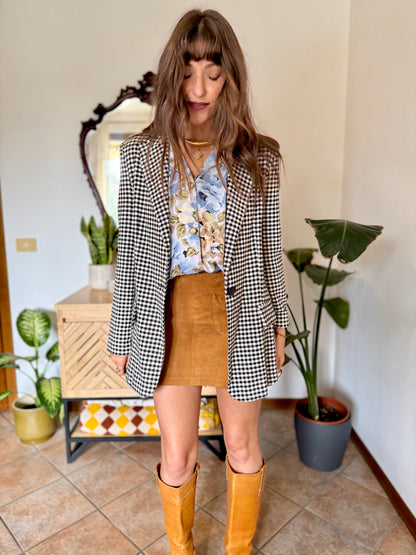 Black and white thick woven cotton plaid blazer