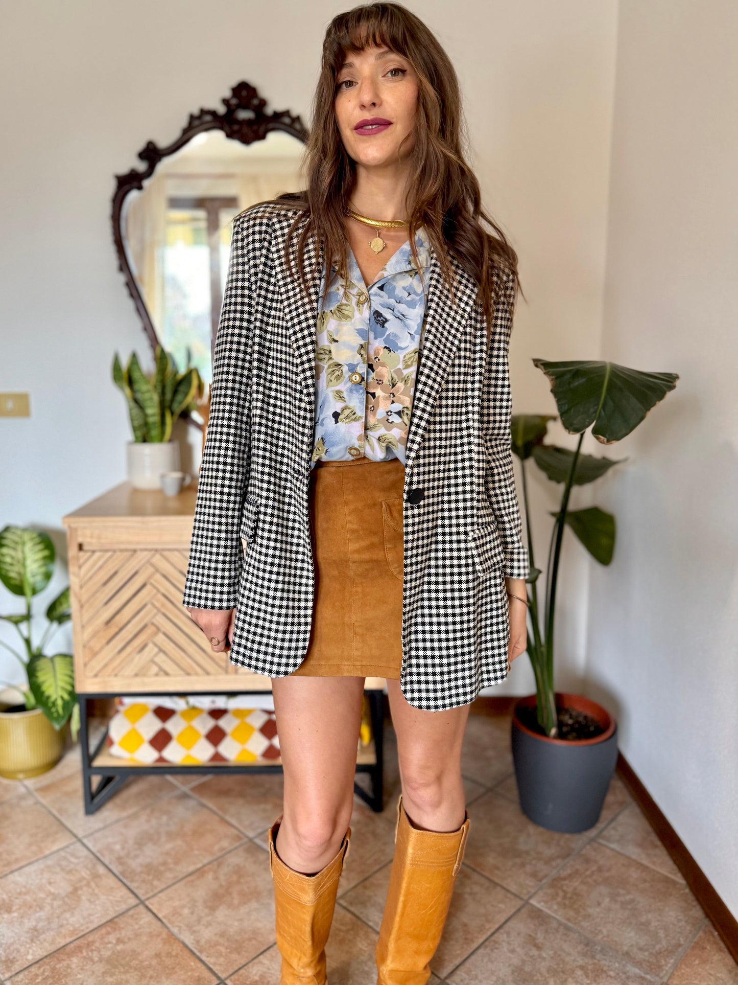 Black and white thick woven cotton plaid blazer