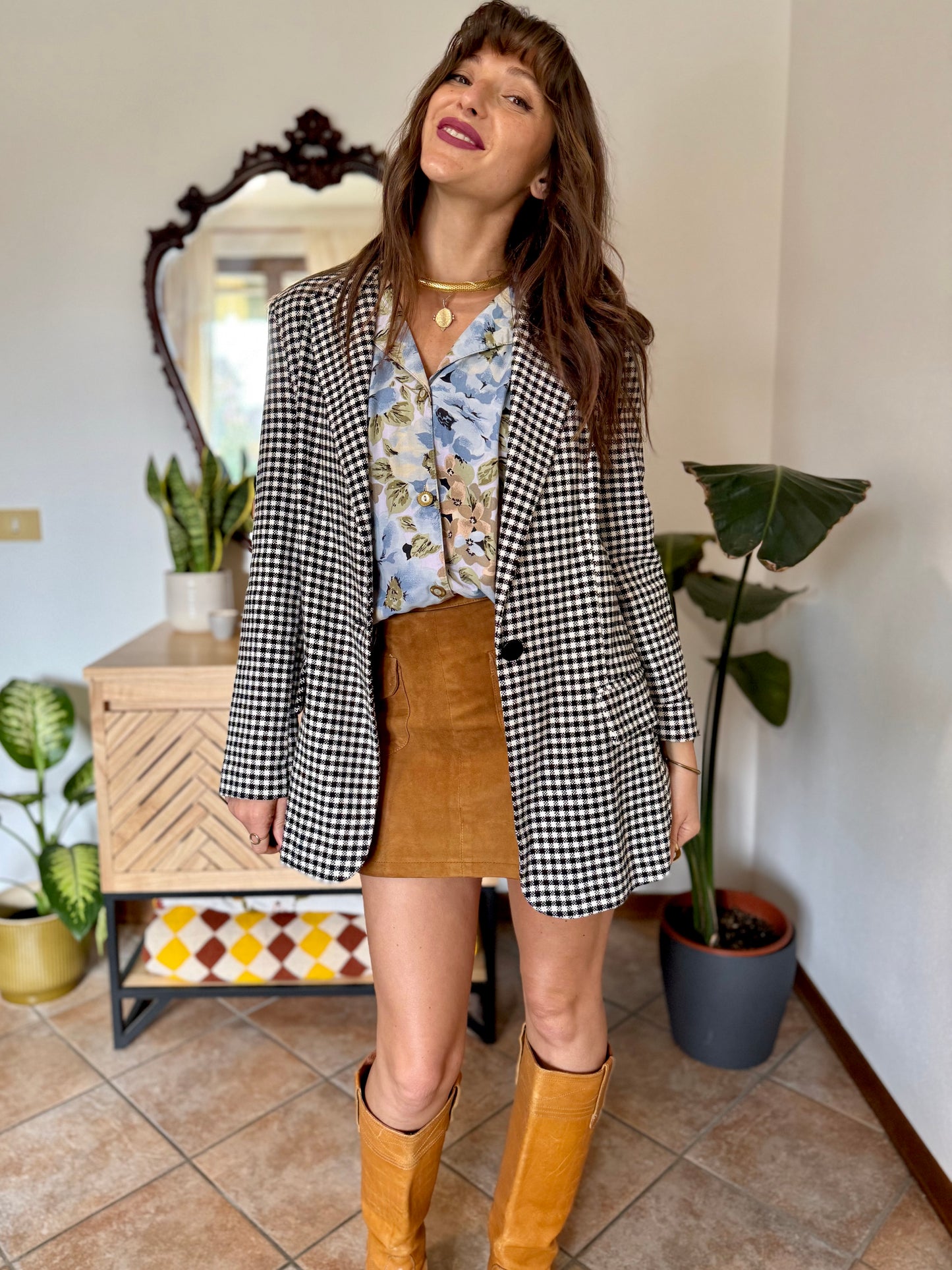 Black and white thick woven cotton plaid blazer