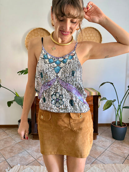 1990's vintage silve, blue and lilac sequin and glass bead silk floral top