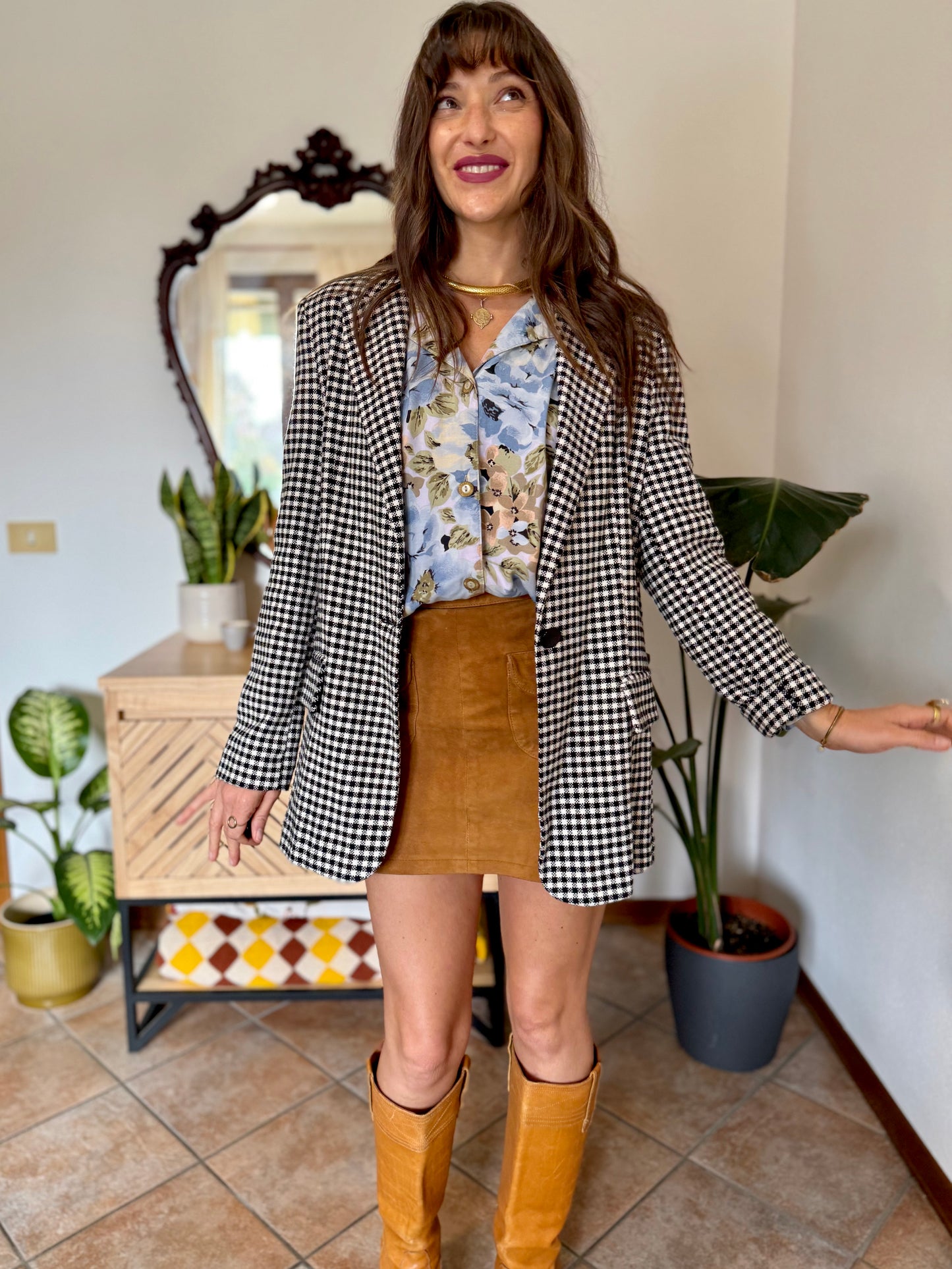 Black and white thick woven cotton plaid blazer