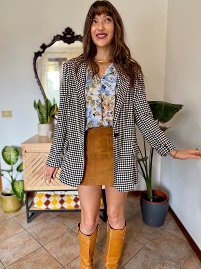 Black and white thick woven cotton plaid blazer