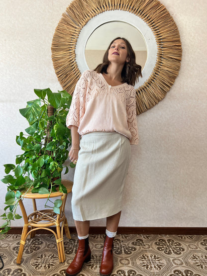 1960's vintage cream textured midi skirt with silver thread