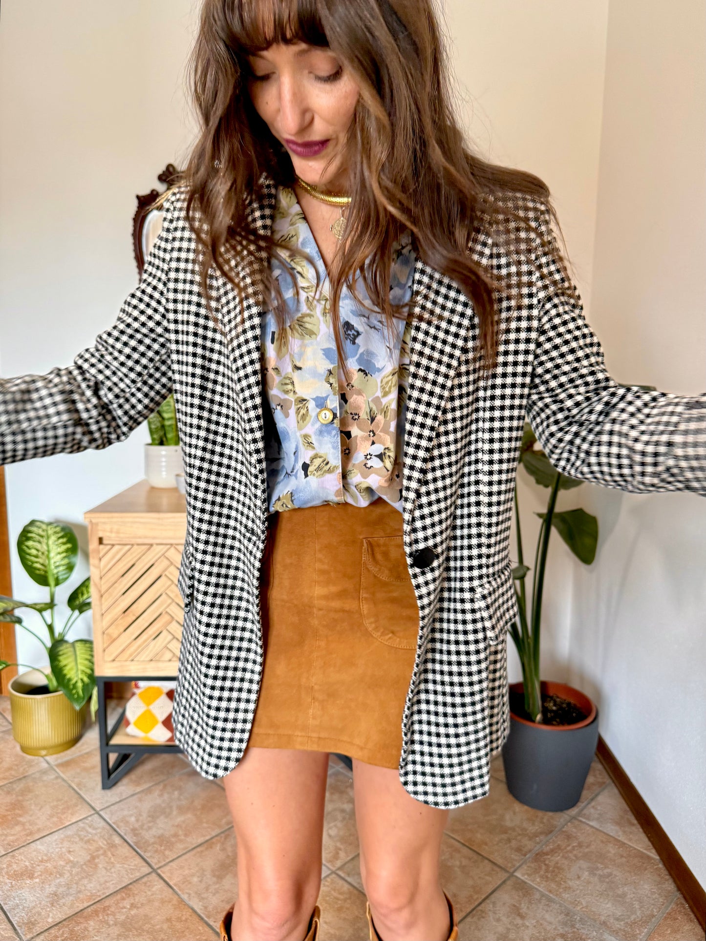 Black and white thick woven cotton plaid blazer