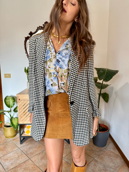 Black and white thick woven cotton plaid blazer