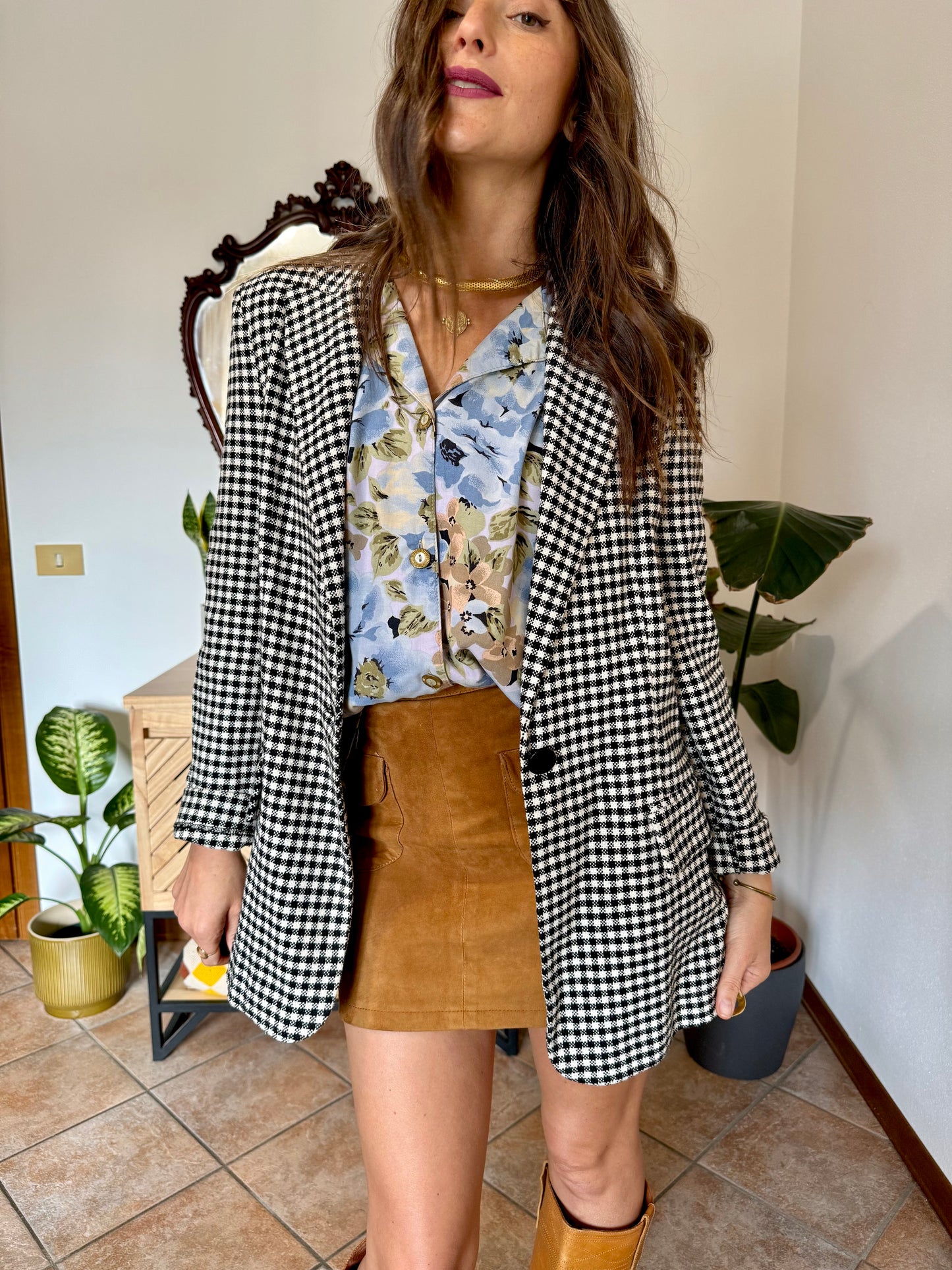 Black and white thick woven cotton plaid blazer