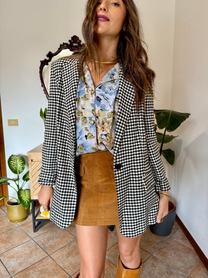 Black and white thick woven cotton plaid blazer