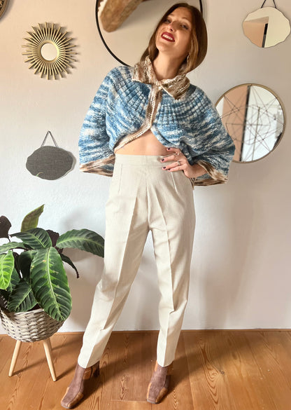 1970's vintage high waisted cream and beige wool gingham trousers