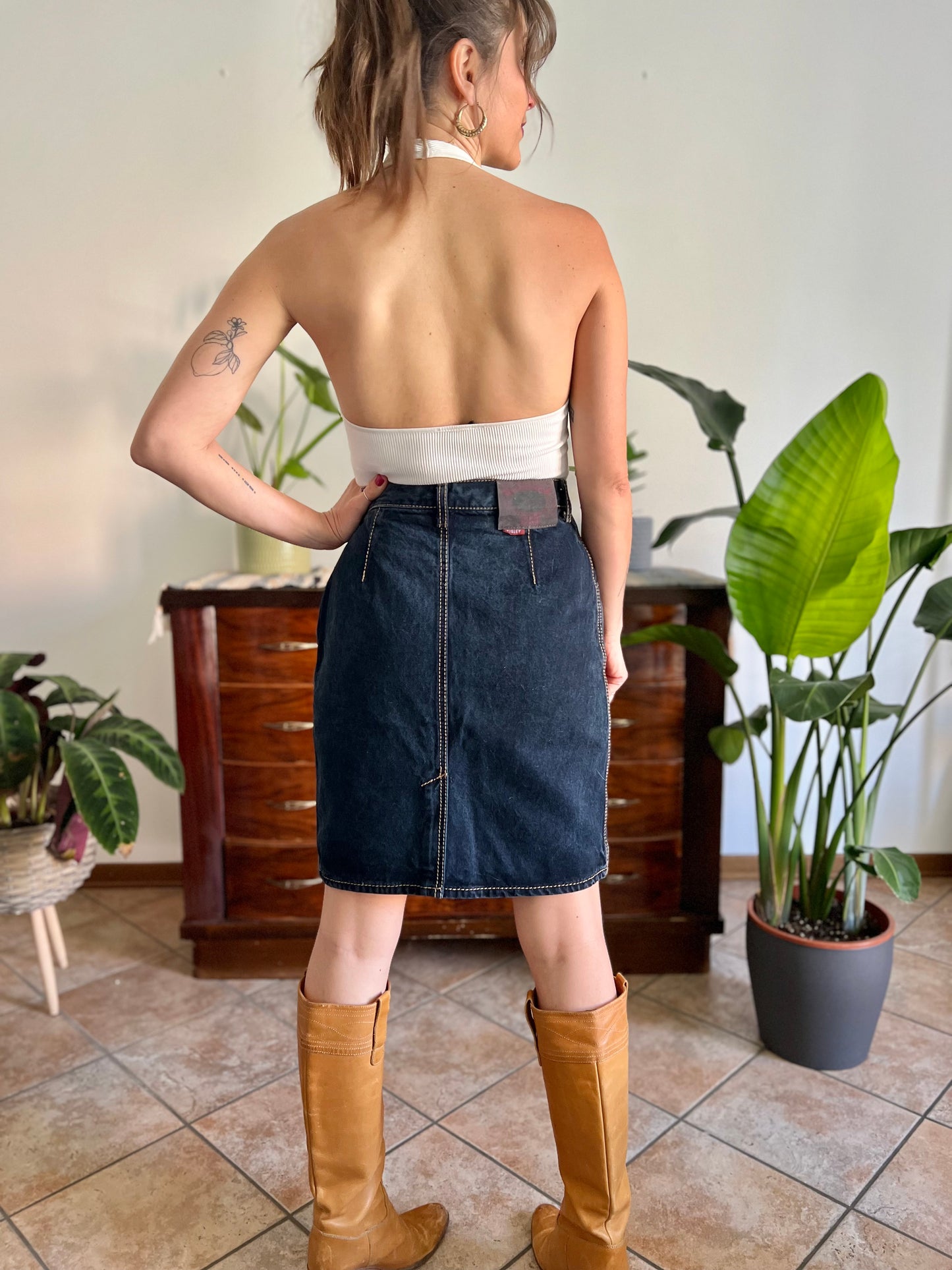 1990's vintage dark blue denim pencil skirt