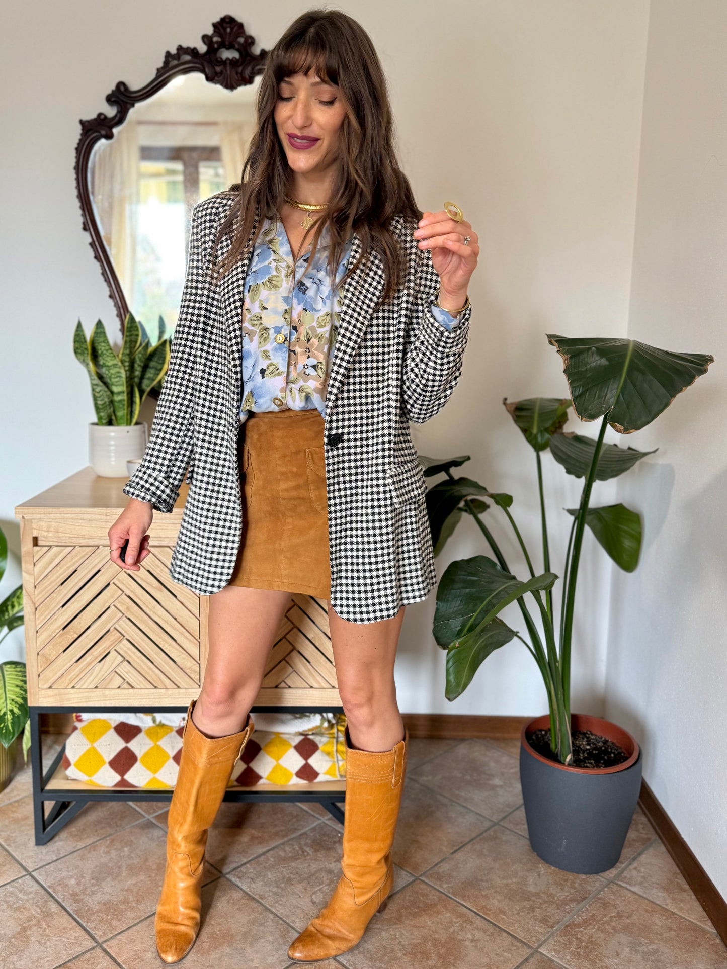 Black and white thick woven cotton plaid blazer