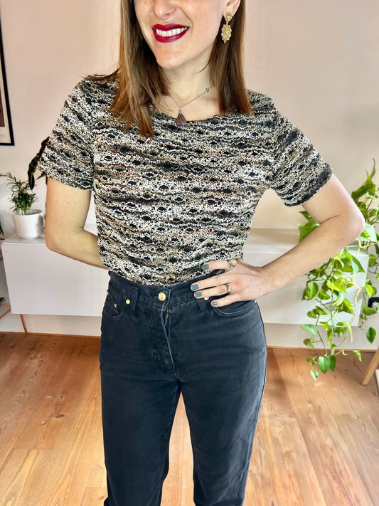 1990's vintage black and tan boucle textured knit top