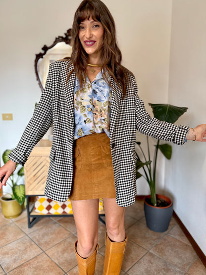 Black and white thick woven cotton plaid blazer