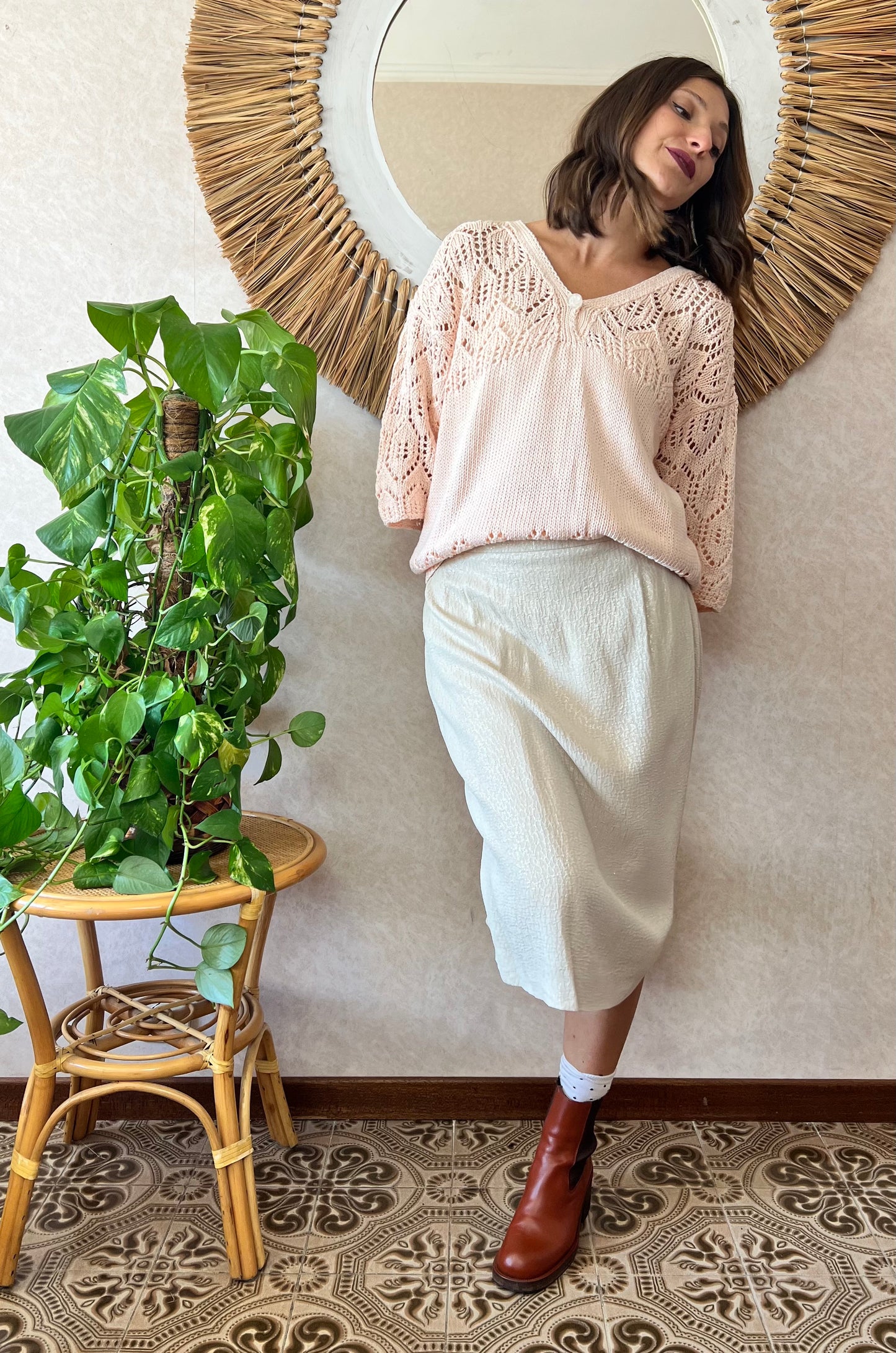 1960's vintage cream textured midi skirt with silver thread