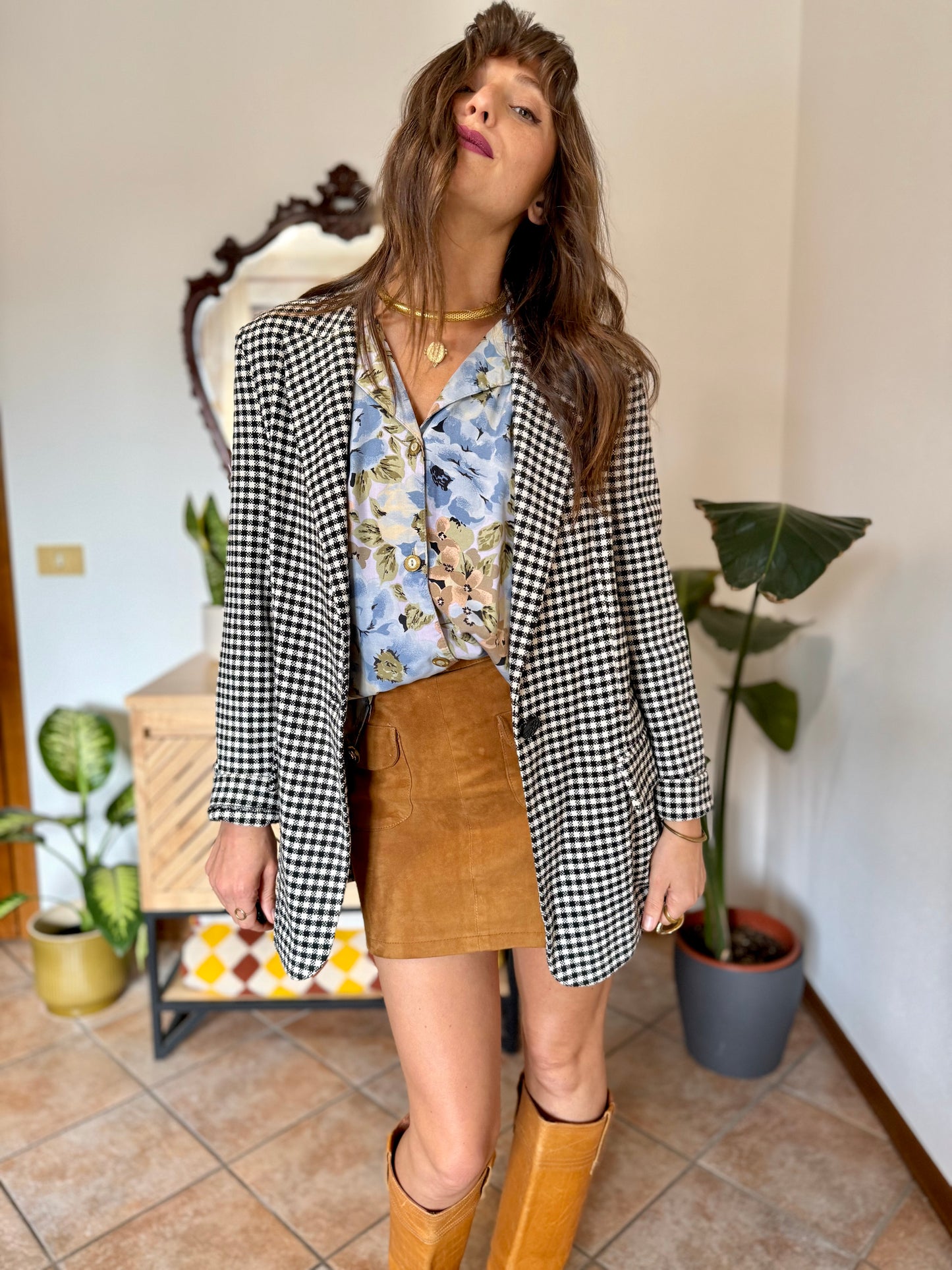 Black and white thick woven cotton plaid blazer