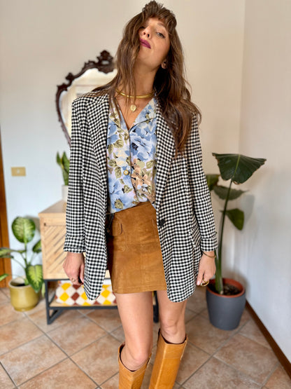 Black and white thick woven cotton plaid blazer