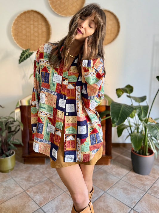 1970's vintage multicolor satin patchwork western motif print blouse