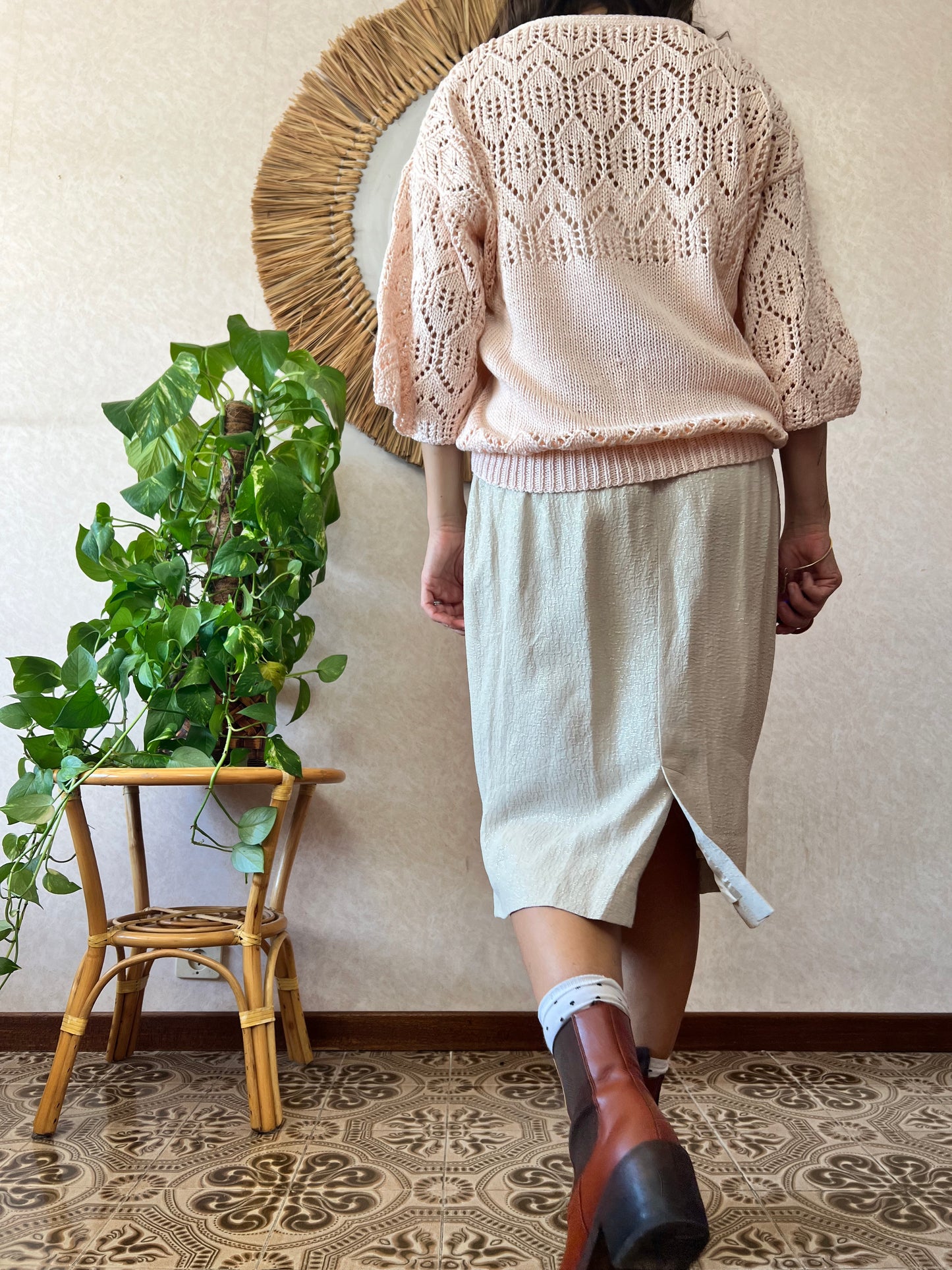 1960's vintage cream textured midi skirt with silver thread