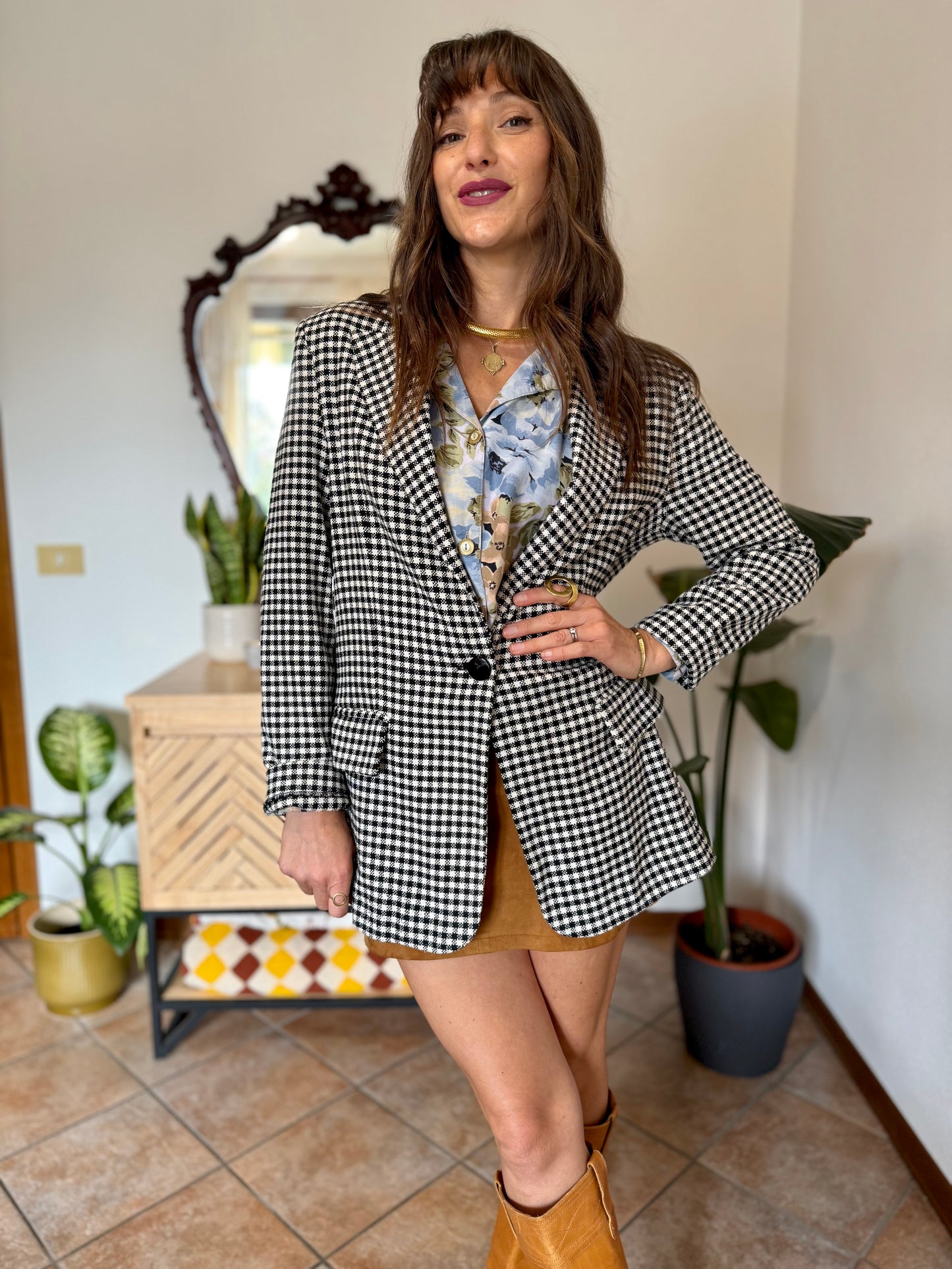 Black and white thick woven cotton plaid blazer