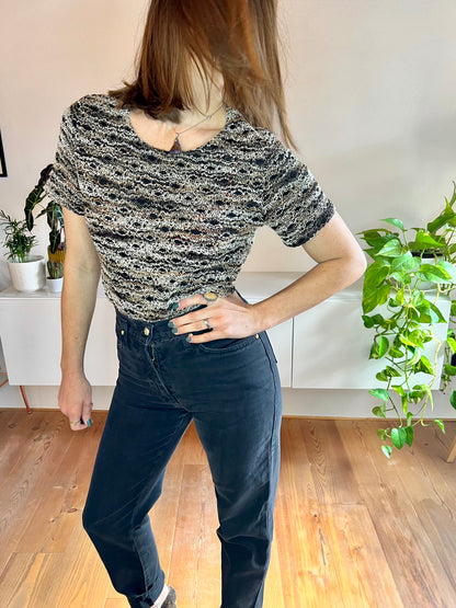 1990's vintage black and tan boucle textured knit top