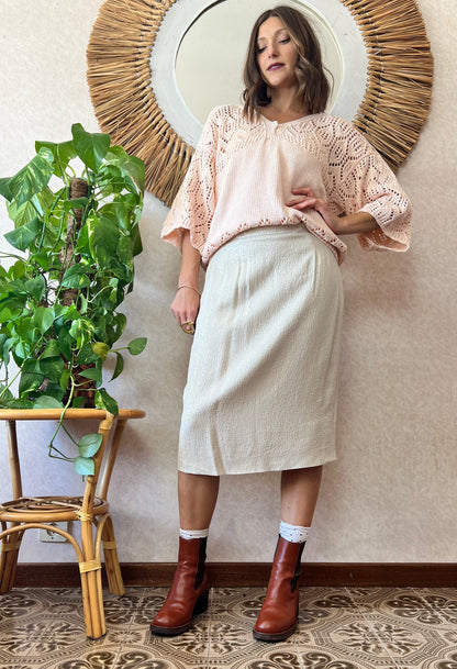 1960's vintage cream textured midi skirt with silver thread