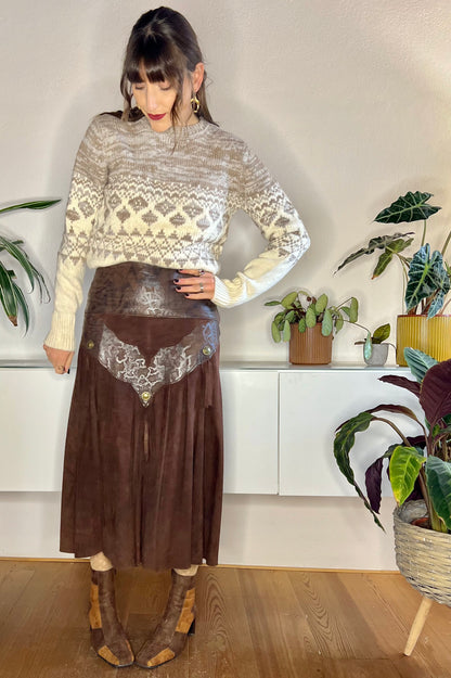 1970's vintage chocolate brown leather western midi skirt with fringe details