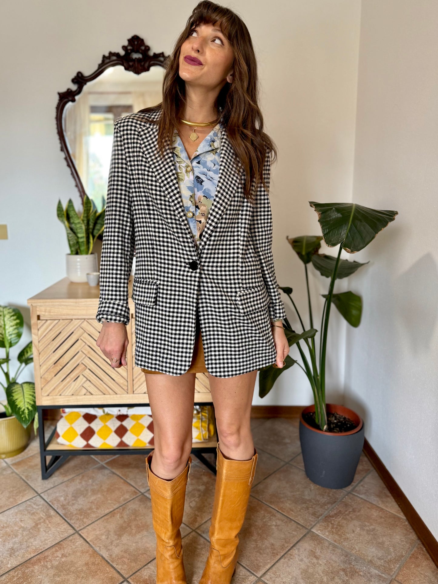 Black and white thick woven cotton plaid blazer