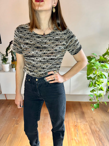 1990's vintage black and tan boucle textured knit top