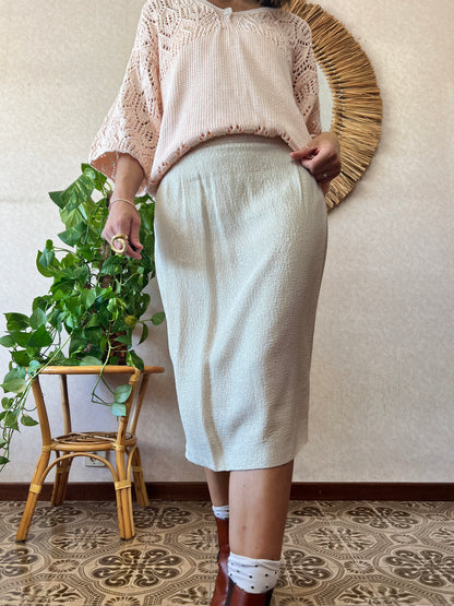 1960's vintage cream textured midi skirt with silver thread