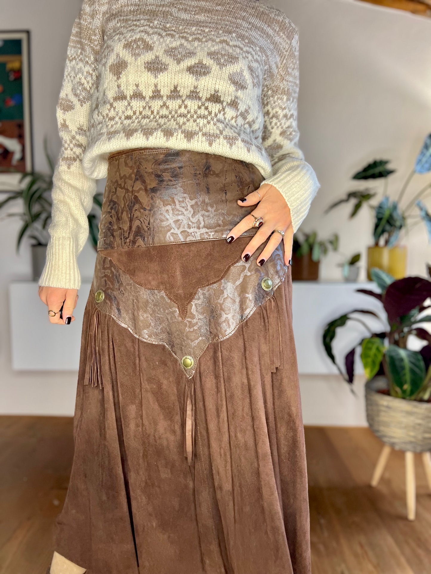 1970's vintage chocolate brown leather western midi skirt with fringe details