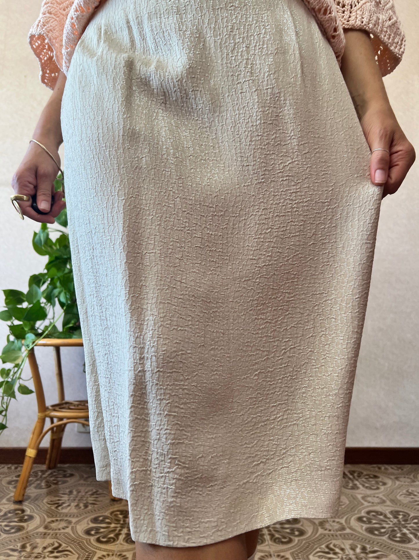 1960's vintage cream textured midi skirt with silver thread