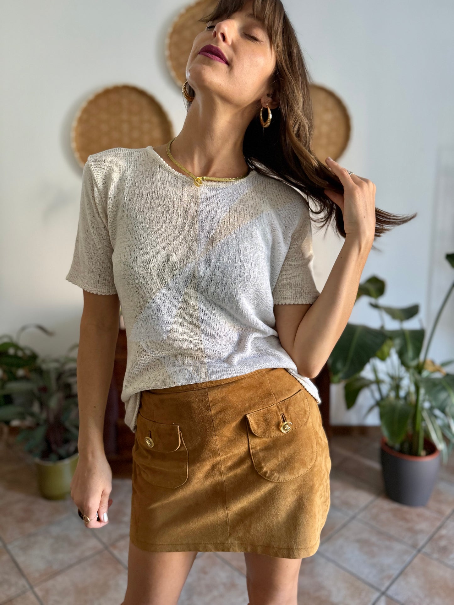 1980's vintage cream and beige geometric pattern knit top