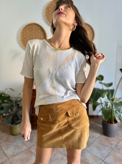 1980's vintage cream and beige geometric pattern knit top